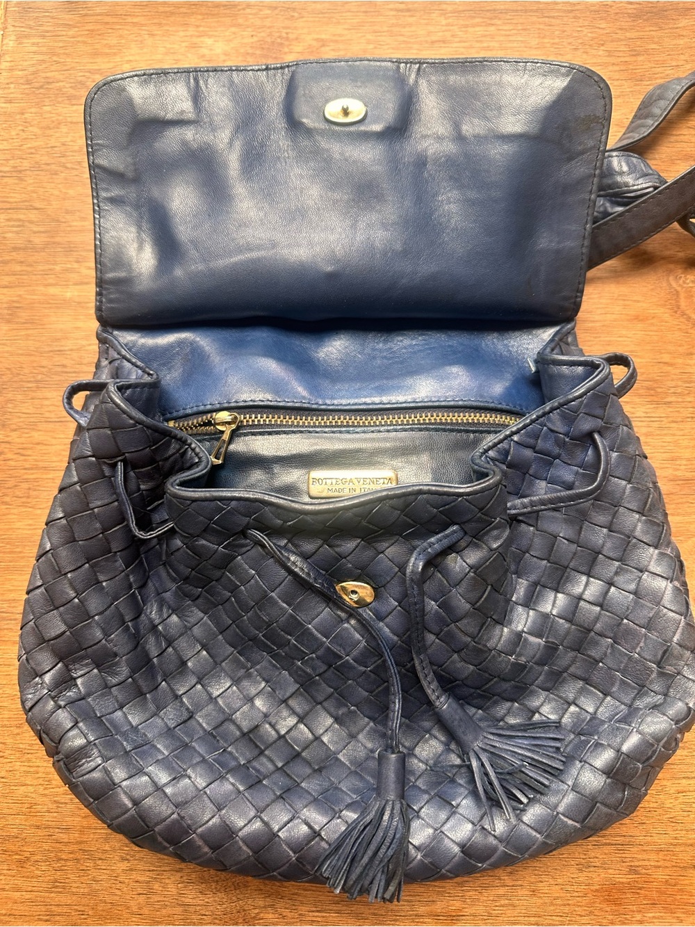 Bottega Veneta Navy Intrecciato Woven Leather Crossbody with Tassel - Picture 5 of 9